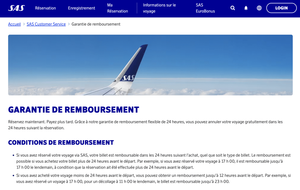 Capture d'écran du site de la compagnie aérienne SAS. Politique de remboursement sous 24.